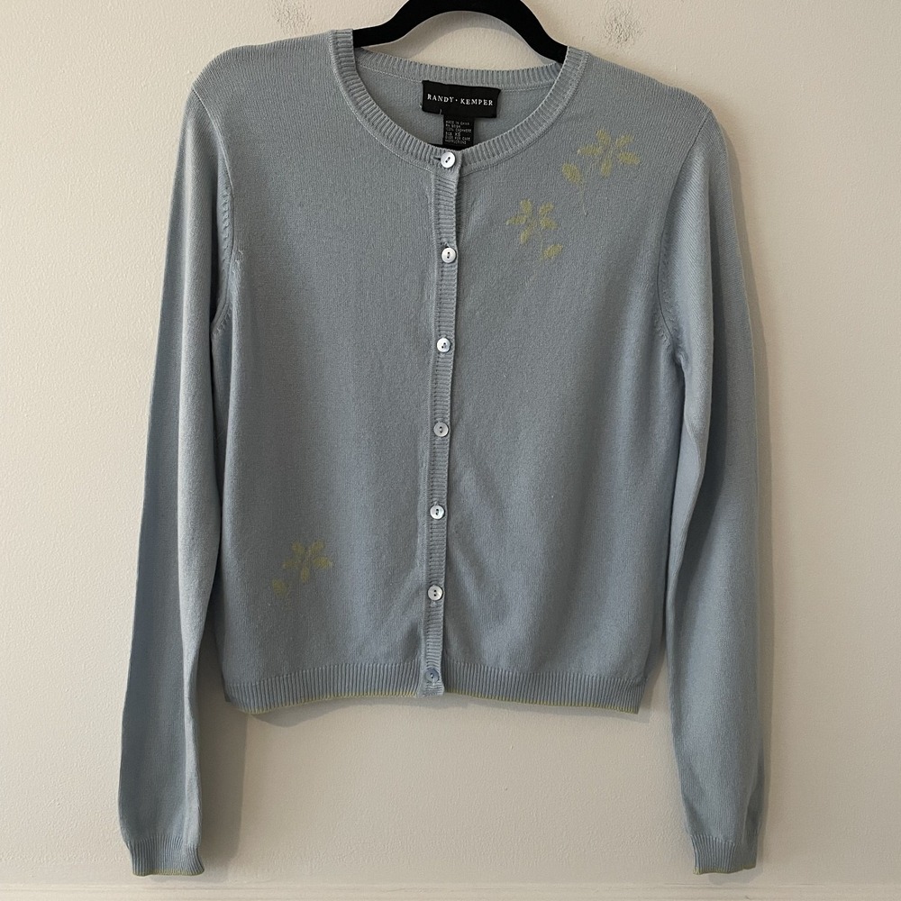 Randy Kemper 100% Cashmere Blue Floral Cardigan Size XS Quiet Luxury Preppy